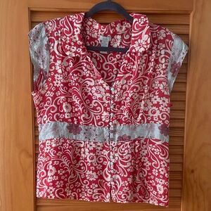 Anthropologie Odille Red and Cream Floral Button Down Shirt